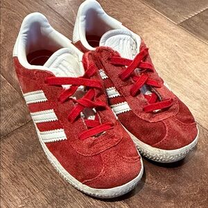 Kids Red Suede Adidas Sneakers with White Stripes